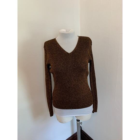 Y2K VTG Joseph A. Sweater M Metallic Bronze Thread Knit Ribbed Sexy Snug V Neck - Picture 7 of 11